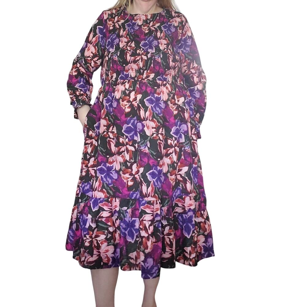 NEW Terra & Sky Size 2X Plus Tiered Boho Peasant Dark Floral Midi Smocked Dress